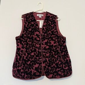Deluxe 100% Silk Burgundy Floral Vest L New Lily Pattern with Suede-Like Texture